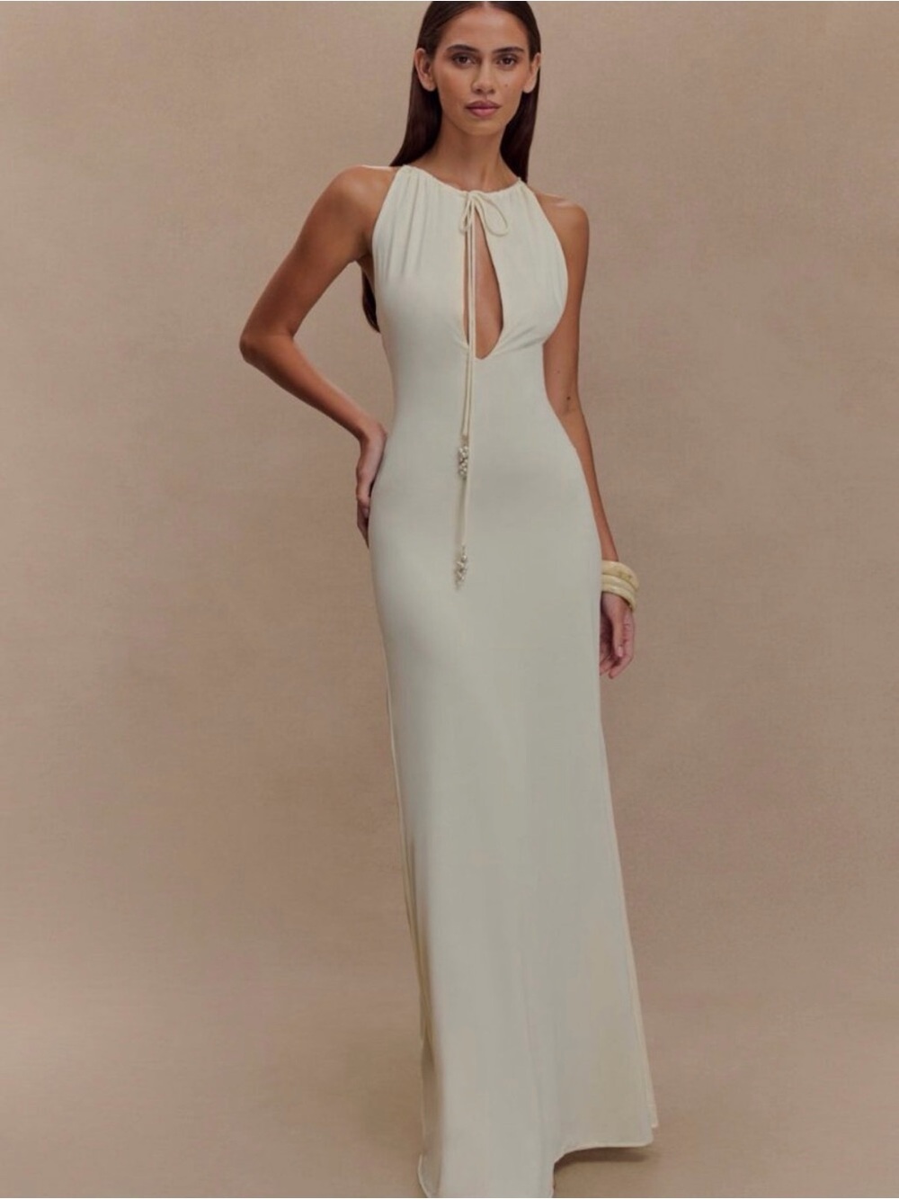NEW Meshki Off-White Keyhole Tie-Neck Maxi Dress